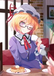 Rule 34 | 1girl, ;), bespectacled, black-framed eyewear, blonde hair, blurry, blush, brooch, closed mouth, commentary request, cup, day, depth of field, food, frilled shirt collar, frilled sleeves, frills, glasses, hat, hat ribbon, highres, holding, holding cup, igayan, indoors, jewelry, long sleeves, maribel hearn, mob cap, neck ribbon, one eye closed, pancake, pov, pov across table, pov hands, purple eyes, red ribbon, ribbon, semi-rimless eyewear, smile, solo focus, spoon, sunlight, teacup, touhou, under-rim eyewear, upper body