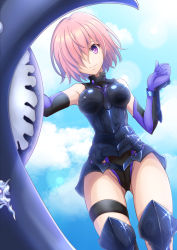 Rule 34 | 1girl, armor, armored leotard, armpits, bare shoulders, black armor, black gloves, black thighhighs, blue sky, breastplate, cloud, commentary request, cowboy shot, elbow gloves, fate/grand order, fate (series), faulds, from below, glint, gloves, gluteal fold, groin, hair over one eye, hand up, hanzou, highres, holding, holding shield, impossible clothes, knee pads, lens flare, light purple hair, looking at viewer, mash kyrielight, purple eyes, purple gloves, shield, shiny clothes, short hair, sidelocks, single thighhigh, sky, smile, solo, sparkle, standing, sunlight, thigh strap, thighhighs, two-tone gloves, wrist guards