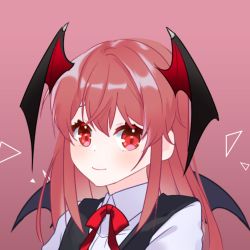 Rule 34 | 1girl, artist request, bad id, bad pixiv id, bat wings, black vest, colored eyelashes, commentary request, eyelashes, hair between eyes, head wings, koakuma, long hair, looking at viewer, pink background, red eyes, red hair, red neckwear, shirt, sidelocks, simple background, smile, solo, touhou, upper body, vest, white shirt, wings