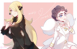 Rule 34 | 2girls, black coat, black pants, blonde hair, blue eyes, breasts, brown hair, cleavage, coat, collarbone, creatures (company), cynthia (pokemon), diantha (pokemon), game freak, grey eyes, hair over one eye, highres, ivory (25680nico), jewelry, long hair, long sleeves, looking at viewer, medium breasts, multiple girls, necklace, nintendo, open clothes, open coat, open mouth, pants, pokemon, pokemon dppt, pokemon xy, short hair, small breasts, smile, very long hair, white coat