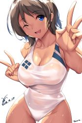 Rule 34 | 1girl, alternate color, artist name, blue eyes, breasts, brown hair, cleavage, competition swimsuit, cowboy shot, dated, double v, highres, large breasts, looking at viewer, love live!, love live! sunshine!!, one-piece swimsuit, one eye closed, open mouth, short hair, simple background, smile, solo, swimsuit, thigh gap, tony guisado, v, watanabe you, wet, wet clothes, wet swimsuit, white background, white one-piece swimsuit