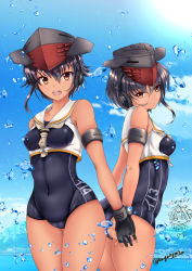 Rule 34 | 10s, 2girls, :d, ass, asymmetrical hair, black hair, blush, breasts, brown eyes, cameltoe, covered navel, day, covered erect nipples, framed breasts, gloves, gluteal fold, hair between eyes, hat, headphones, highres, i-13 (kancolle), i-14 (kancolle), interlocked fingers, kantai collection, kuga zankurou, looking at viewer, multiple girls, open mouth, outdoors, partially fingerless gloves, sailor collar, school swimsuit, short hair, siblings, sisters, small breasts, smile, swimsuit, tan, water