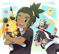 Rule 34 | !?, 2boys, blush, bracelet, clothed pokemon, commentary request, cosplay, creatures (company), game freak, gen 1 pokemon, green hair, guzma (pokemon), guzma (pokemon) (cosplay), hau (pokemon), heart, holding, holding pokemon, hood, hoodie, jewelry, male focus, motion lines, multiple boys, nintendo, one eye closed, open clothes, open hoodie, open mouth, pants, pikachu, pokemon, pokemon (creature), pokemon sm, sewenan, shirt, short sleeves, smile, spoken interrobang, sunglasses, team skull, team skull grunt, team skull grunt (cosplay), teeth, tongue, watch, white shirt, wristwatch, yellow-framed eyewear