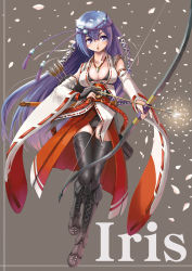 Rule 34 | 1girl, :o, adapted uniform, arrow (projectile), black thighhighs, blue eyes, blue hair, blush, boots, bow (weapon), breasts, fantasy, female focus, full body, japanese clothes, knee boots, long hair, matching hair/eyes, miko, original, petals, solo, thighhighs, very long hair, weapon, yuu (yuyukaikan)