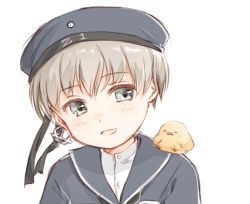 Rule 34 | 10s, 1girl, anchor, anchor earrings, animal, animal on shoulder, bird, bird on shoulder, blonde hair, blue eyes, blush, chick, clothes writing, earrings, hat, jewelry, kantai collection, neckerchief, open mouth, sailor collar, santa hat, short hair, simple background, single earring, smile, solo, sparkle, upper body, white background, yae (yaecun), z1 leberecht maass (kancolle)