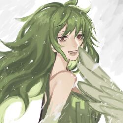 Rule 34 | 1girl, 8h kt, bags under eyes, bare shoulders, brown eyes, clothes writing, commentary request, feathered wings, feathers, green feathers, green hair, green tank top, harpy, highres, long hair, looking at viewer, messy hair, monet (one piece), monster girl, one piece, open mouth, smile, solo, tank top, winged arms, wings