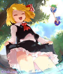 Rule 34 | 3girls, :d, ^ ^, artist name, ascot, black skirt, black vest, blonde hair, blue bow, blue dress, blue hair, blue sky, bow, bowtie, cirno, closed eyes, cloud, commentary request, cowboy shot, daiyousei, day, dress, fairy wings, fang, fisheye, flying, frilled shirt collar, frills, green hair, hair bow, hair ribbon, hand to own mouth, happy, highres, holding hands, ice, ice wings, long sleeves, miniskirt, multiple girls, open mouth, outdoors, panties, pantyshot, petticoat, pinafore dress, pointing, puffy short sleeves, puffy sleeves, red bow, red neckwear, red ribbon, ribbon, rock, rumia, shirt, short hair, short sleeves, side ponytail, skirt, skirt set, sky, sleeveless dress, smile, standing, tada no nasu, thighs, touhou, tree, twitter username, underwear, vest, wading, water, water drop, white panties, white shirt, wing collar, wings, yellow bow