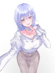Rule 34 | 1girl, absurdres, blue hair, blush, breasts, collarbone, detached collar, finger to mouth, grey skirt, highres, idolmaster, idolmaster shiny colors, long sleeves, looking at viewer, medium breasts, natsumegu (yvku8527), purple eyes, shirt, simple background, skirt, smile, solo, suzuki hana, white background, white shirt