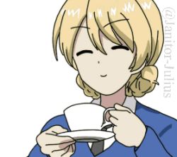 Rule 34 | 10s, 1girl, animated, animated gif, black necktie, blonde hair, blue jacket, braid, closed eyes, closed mouth, cup, cup plate, darjeeling (girls und panzer), french braid, girls und panzer, hair between eyes, jacket, janitor-julius, lowres, necktie, shirt, short hair, simple background, smile, solo, st. gloriana&#039;s school uniform, tagme, tea, teacup, twitter username, white background, white shirt