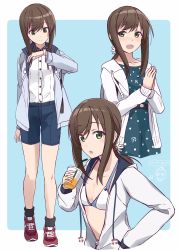 Rule 34 | 1girl, anchor symbol, arrow (symbol), blue dress, blue shorts, blush, brown hair, buttons, closed mouth, collared shirt, cosplay, dress, drink, drinking straw, fubuki (kancolle), green eyes, hair between eyes, highres, holding, holding drink, hood, hooded jacket, jacket, kantai collection, minosu, multiple views, official alternate costume, open mouth, polka dot, polka dot dress, red footwear, shirt, shoes, short hair, short ponytail, shorts, smile, sneakers, speech bubble, watch, white jacket, white shirt, wristwatch, yukikaze (kancolle), yukikaze (kancolle) (cosplay)