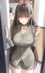 Rule 34 | 1girl, black choker, black hair, blue archive, blush, breasts, buttons, choker, cleavage, collarbone, cowboy shot, grey pajamas, hair ornament, hairpin, halo, highres, indoors, large breasts, long hair, long sleeves, looking at viewer, melt (melt out1), open mouth, pajamas, red eyes, rio (blue archive), solo