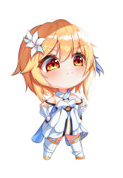Rule 34 | 1girl, absurdres, arm guards, blonde hair, chibi, commentary, detached sleeves, english commentary, flower, genshin impact, hair between eyes, hair flower, hair ornament, hands on own hips, highres, kimae, long sleeves, looking at viewer, lumine (genshin impact), orange eyes, scarf, short hair, short hair with long locks, sidelocks, simple background, solo, spread legs, thighhighs, white background, white scarf, white thighhighs, zettai ryouiki