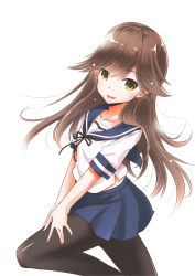Rule 34 | 1girl, absurdres, arashio (kancolle), black pantyhose, blue sailor collar, blue skirt, brown eyes, brown hair, commentary request, cosplay, cowboy shot, fubuki (kancolle), fubuki (kancolle) (cosplay), highres, kantai collection, long hair, looking at viewer, midriff peek, one-hour drawing challenge, pantyhose, pleated skirt, sailor collar, school uniform, serafuku, simple background, skirt, solo, taisinkoku, thighband pantyhose, white background