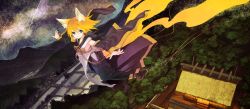 Rule 34 | 1girl, amatsu kitsune (vocaloid), animal ears, blonde hair, blue eyes, detached sleeves, floating, fox ears, fox tail, hair ornament, hairclip, highres, japanese clothes, kagamine rin, kitsune (kazenouta), looking at viewer, outstretched arms, revision, short hair, solo, spread arms, tail, vocaloid