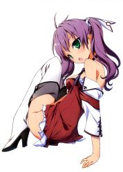 Rule 34 | 1girl, absurdres, bare shoulders, boots, breasts, green eyes, high heel boots, high heels, highres, huge filesize, kikuchi seiji, long hair, looking back, mayo chiki!, no panties, off shoulder, open mouth, purple hair, scan, shoes, sitting, solo, thigh boots, thighhighs, twintails, usami masamune, white thighhighs