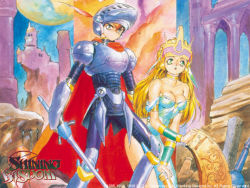 Rule 34 | 1990s (style), 1boy, 1girl, :o, armlet, armor, armored boots, bare shoulders, blonde hair, boots, breastplate, breasts, brown eyes, brown hair, cape, castle, cleavage, closed mouth, collarbone, company name, copyright name, dated, dress, ear covers, english text, fantasy, faulds, feathers, from side, full moon, gauntlets, green eyes, half quarter, hat feather, helmet, highleg, holding, holding sword, holding weapon, jewelry, kajiyama hiroshi, knee boots, leaning forward, legs apart, logo, long hair, looking at viewer, mars (shining wisdom), medium breasts, moon, neck ring, night, night sky, official art, official wallpaper, outdoors, pauldrons, pillar, princess, red cape, retro artstyle, ruins, satera oujo, sega, serious, shining (series), shining wisdom, shoulder armor, side slit, sky, standing, strap slip, strapless, strapless dress, surprised, sword, tiara, turtleneck, vambraces, very long hair, visor (armor), wallpaper, weapon, wisdom, working designs