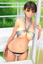 Rule 34 | 1girl, arm at side, bare shoulders, bikini, blunt bangs, breasts, brown eyes, brown hair, cleavage, closed mouth, collarbone, commentary request, cowboy shot, day, halterneck, highres, large breasts, looking at viewer, mitsu (komainumilk), navel, original, outdoors, short hair, side-tie bikini bottom, skindentation, smile, solo, standing, stomach, swimsuit, underboob, white bikini