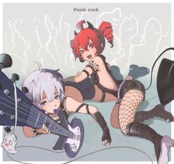 Rule 34 | 2girls, ahoge, armlet, barbell piercing, black hair, boots, bracelet, breasts, charm (object), commentary, crossed arms, denim, denim shorts, drill hair, ear piercing, earrings, electric guitar, fang, fishnet pantyhose, fishnets, flower (vocaloid), flower (vocaloid4), full body, gloves, guitar, highres, holding, holding guitar, holding instrument, ianxy2, industrial piercing, instrument, jewelry, kasane teto, looking at viewer, lying, lying on person, mouth hold, multiple girls, nail polish, on stomach, open mouth, pantyhose, piercing, plectrum, plectrum in mouth, purple eyes, red eyes, red hair, short hair, shorts, shoulder tattoo, sideboob, single fishnet legwear, single glove, single leg pantyhose, small breasts, smile, spiked armlet, spiked bracelet, spikes, symbol-only commentary, tattoo, thigh strap, twin drills, utau, vocaloid, white hair