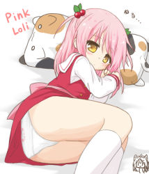 Rule 34 | 1girl, ass, blonde dog girl (ri-net), blush, brown eyes, cat-shaped pillow, character name, closed mouth, commentary request, dress, hair bobbles, hair ornament, hands up, kneehighs, long sleeves, looking at viewer, lying, on side, original, panties, pink hair, pink loli (rinechun), red dress, ri-net, sailor collar, sailor dress, school uniform, shirt, sleeveless, sleeveless dress, socks, solo, translation request, two side up, underwear, white background, white socks, white panties, white sailor collar, white shirt, yellow eyes