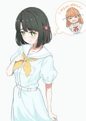 Rule 34 | 2girls, ^ ^, absurdres, arm at side, black hair, blunt bangs, blunt ends, blush, blush stickers, clenched hands, closed eyes, closed mouth, collarbone, commentary, cowboy shot, crossed bangs, dress, flower, flower knot, green eyes, hair flower, hair ornament, hand on own chest, hasu no sora school uniform, highres, hinoshita kaho, link! like! love live!, love live!, medium hair, momose ginko, multiple girls, neckerchief, nervous smile, open mouth, orange hair, pleated dress, rabbit hair ornament, red neckerchief, sailor collar, sailor dress, school uniform, short hair, short sleeves, simple background, skirt hold, smile, solo focus, spoken character, summer uniform, thought bubble, tomoe (tomoe 200), translated, two side up, virtual youtuber, white background, white dress, white sailor collar, yellow neckerchief