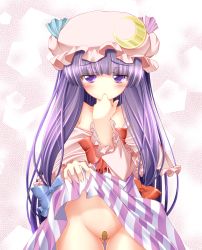 Rule 34 | 1girl, bandaid, bandaid on pussy, bow, clothes lift, crescent moon, dress, dress lift, female focus, finger in own mouth, hat, iganseijin, long hair, moon, no panties, patchouli knowledge, purple eyes, purple hair, solo, striped, tears, touhou