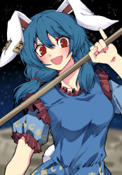 Rule 34 | 1girl, :d, absurdres, animal ears, bad id, bad twitter id, blue dress, blue hair, blurry, blush, breasts, collarbone, crater, crescent moon, depth of field, dress, earclip, eyebrows, fingernails, frilled dress, frilled sleeves, frills, hair between eyes, hair tie, highres, kuromiya yurin, long hair, low twintails, mallet, medium breasts, moon, moon print, open mouth, pinky out, puffy short sleeves, puffy sleeves, rabbit ears, rabbit tail, red eyes, seiran (touhou), short sleeves, smile, solo, space, star (sky), star (symbol), star print, tail, touhou, twintails, upper body
