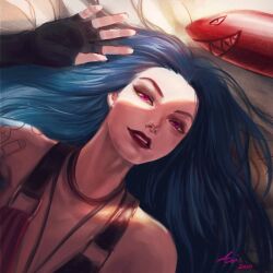 Rule 34 | 1girl, 2020, arcane: league of legends, arcane jinx, arilee art, arm tattoo, artist name, bare shoulders, blue hair, brown choker, choker, cloud tattoo, dated, fingerless gloves, gloves, hair undone, highres, jinx (league of legends), league of legends, long hair, looking at viewer, lying, on back, purple eyes, red lips, rocket, shoulder tattoo, signature, smile, solo, striped, tattoo
