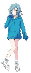 1girl bang_dream! blue_hair blue_hoodie blush braid commentary full_body green_eyes grey_socks guildlay highres hikawa_hina hood hood_down hoodie long_sleeves looking_at_viewer medium_hair open_mouth side_braids simple_background sleeves_past_fingers sleeves_past_wrists socks solo white_background white_footwear