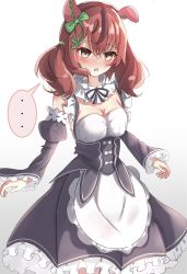 Rule 34 | ..., 1girl, absurdres, alternate costume, animal ears, blush, breasts, brown eyes, cleavage, commentary request, cosplay, embarrassed, enmaided, highres, horse ears, horse girl, looking at viewer, maid, medium hair, nice nature (umamusume), open mouth, re:zero kara hajimeru isekai seikatsu, red hair, roswaal mansion maid uniform, sasanoki, short twintails, solo, twintails, umamusume, white background