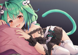 Rule 34 | 1girl, :d, absurdres, ahoge, animal ear fluff, animal ears, bad id, bad pixiv id, black dress, blue hair, blush, bow, cat ears, cat girl, cat tail, collar, collarbone, commentary request, cushion, detached collar, dress, fingernails, frilled collar, frilled thighhighs, frills, garter straps, gradient hair, green hair, green tail, hair bow, hair ornament, highres, hololive, kemonomimi mode, kusana (dudqja602), looking at viewer, lying, medium hair, multicolored hair, nail polish, on side, open mouth, pink nails, red eyes, see-through, see-through sleeves, skull hair ornament, smile, solo, tail, teeth, thighhighs, upper teeth only, uruha rushia, uruha rushia (3rd costume), virtual youtuber, white garter straps, white thighhighs, wrist cuffs
