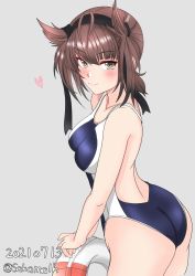 1girl absurdres ass back blue_one-piece_swimsuit breasts brown_hair collarbone dated gradient_background grey_background hachimaki hair_between_eyes hair_flaps hairband hatsuzuki_(kancolle) hatsuzuki_(swimsuit_mode)_(kancolle) headband heart highres kantai_collection lifebuoy lips looking_at_viewer looking_to_the_side nitamako_(sakamalh) official_alternate_costume one-piece_swimsuit short_hair small_breasts solo swim_ring swimsuit twitter_username two-tone_swimsuit white_one-piece_swimsuit yellow_eyes