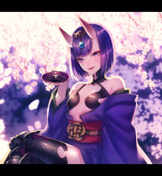 Rule 34 | 1girl, alcohol, bare shoulders, bob cut, breasts, cherry blossoms, crossed legs, cup, fang, fate/grand order, fate (series), horns, japanese clothes, kimono, letterboxed, looking at viewer, moe (hamhamham), oni, open mouth, purple eyes, purple hair, sakazuki, sake, short hair, shuten douji (fate), sitting, skin-covered horns, small breasts, smile, solo