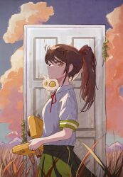 Rule 34 | 1girl, absurdres, animal, animal on shoulder, brown eyes, brown hair, closed mouth, cloud, cloudy sky, collared shirt, commentary, grass, green skirt, hair ornament, highres, holding, iwato suzume, looking at viewer, mountainous horizon, nereb 72, outdoors, pleated skirt, ponytail, red ribbon, ribbon, shirt, shirt tucked in, short sleeves, skirt, sky, sliding doors, solo, suzume no tojimari, tall grass, upper body, white shirt