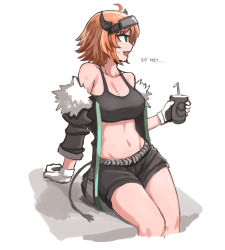 Rule 34 | 1girl, :d, ahoge, arknights, arm support, bare shoulders, black jacket, black shorts, breasts, cleavage, commentary, croissant (arknights), crop top, cup, disposable cup, drinking straw, fang, gloves, green eyes, groin, highres, holding, holding cup, horns, jacket, large breasts, looking to the side, mata (matasoup), midriff, navel, off shoulder, open clothes, open jacket, open mouth, orange hair, profile, short hair, short shorts, shorts, simple background, sitting, smile, solo, sports bra, stomach, thighs, white background, white gloves