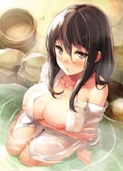 Rule 34 | 1girl, black hair, blush, breast hold, breasts, bucket, collarbone, from above, greyscale, hair between eyes, highres, kekemotsu, large breasts, long hair, looking at viewer, monochrome, nipples, off shoulder, original, partially submerged, see-through, sitting, solo, wariza, wet, wet hair