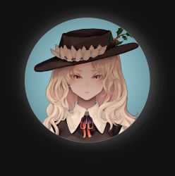 Rule 34 | 1girl, black hat, black vest, blonde hair, closed mouth, collared shirt, fedora, frilled hat, frills, hat, hat feather, highres, jacket girl (dipp), lips, long hair, looking at viewer, portrait, ranko no ane, red eyes, red ribbon, ribbon, shirt, touhou, vest, wavy hair, white shirt