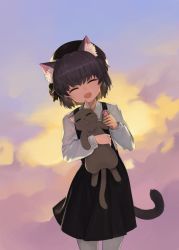 Rule 34 | 1girl, :d, ^ ^, animal, animal ears, bad id, bad pixiv id, beret, black hat, black skirt, blue sky, blush, brown hair, cat, cat ears, cat girl, cat tail, closed eyes, cloud, cloudy sky, collared shirt, commentary request, dokomon, facing viewer, hand up, hat, hatoba tsugu, head tilt, highres, holding, holding animal, kemonomimi mode, korean commentary, long sleeves, open mouth, outdoors, pantyhose, pleated skirt, shirt, skirt, sky, smile, solo, sunset, suspender skirt, suspenders, tail, tsugu (vtuber), virtual youtuber, white pantyhose, white shirt