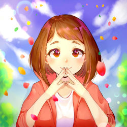 Rule 34 | 1girl, blue background, blurry, blurry background, blush, boku no hero academia, brown eyes, brown hair, collarbone, commentary request, fingers together, highres, hood, hooded jacket, jacket, leaf, looking at viewer, nail polish, pink nails, red jacket, shirt, short hair, silvee, smile, solo, upper body, uraraka ochako, white shirt