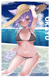 Rule 34 | 1girl, ;), absurdres, animal ear fluff, animal ears, arm up, armpits, bikini, black bikini, blue sky, blush, breasts, breasts apart, brown hat, cat ears, cat girl, cat tail, character name, collarbone, day, ears through headwear, hand on headwear, hat, highres, hololive, large breasts, looking at viewer, navel, nekomata okayu, one eye closed, outdoors, purple eyes, purple hair, reine (reineko6), shallow water, short hair, sitting, sky, smile, solo, straw hat, swimsuit, tail, virtual youtuber, water