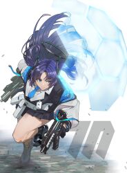 Rule 34 | 1girl, black footwear, black skirt, blue archive, blue eyes, blue necktie, boots, exocet, gun, halo, highres, holding, holding gun, holding weapon, jacket, long hair, looking to the side, necktie, purple hair, skirt, solo, thighs, two side up, weapon, yuuka (blue archive)