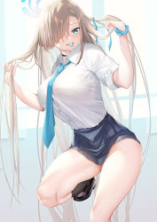 Rule 34 | 1girl, asuna (blue archive), blue archive, blue eyes, blush, breasts, candy, collared shirt, food, grey skirt, hair over one eye, halo, hamada miku, large breasts, light brown hair, lollipop, long hair, looking at viewer, mouth hold, shirt, shirt tucked in, short sleeves, skirt, thighs, very long hair, white shirt