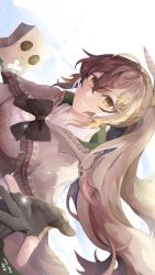 Rule 34 | 1girl, absurdres, ahoge, brown capelet, brown cloak, brown eyes, brown hair, capelet, cloak, feather hair ornament, feathers, friend (nanashi mumei), gloves, grin, hair ornament, hairclip, highres, hololive, hololive english, long hair, looking at viewer, multicolored hair, nanashi mumei, nate+, partially fingerless gloves, ponytail, reaching, reaching towards viewer, ribbon, shirt, smile, streaked hair, very long hair, virtual youtuber, white shirt