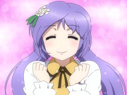Rule 34 | 10s, 1girl, cosplay, dress, false smile, flower, hair flower, hair ornament, half-closed eyes, long hair, long sleeves, looking at viewer, love live!, love live! school idol project, low twintails, purple eyes, purple hair, shirosato, shirt, smile, solo, squinting, touhou, tojo nozomi, tsukumo benben, tsukumo benben (cosplay), twintails, upper body, yellow dress