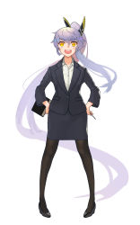 Rule 34 | 1girl, absurdly long hair, alternate costume, azur lane, black footwear, black pantyhose, blue jacket, blue skirt, check commentary, clipboard, collared shirt, commentary, commentary request, full body, hands on own hips, highres, jacket, legs apart, long hair, looking at viewer, open mouth, pantyhose, pencil skirt, pigeon-toed, pointer, ponytail, purifier (azur lane), shirt, silver hair, simple background, siren (azur lane), skirt, smile, solo, standing, striped clothes, striped shirt, teacher, very long hair, white background, white shirt, yellow eyes, yohia