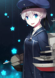 Rule 34 | 10s, 1girl, beret, blue eyes, clothes writing, dress, hat, highres, kantai collection, long sleeves, looking at viewer, open mouth, personification, sa (h28085), sailor collar, sailor dress, sailor hat, short hair, silver hair, solo, star (symbol), z1 leberecht maass (kancolle)