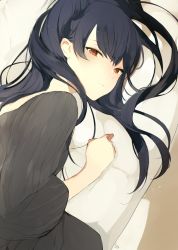 Rule 34 | 1girl, black hair, blush, closed mouth, looking at viewer, lpip, lying, messy hair, original, pillow, red eyes, signature, sleeves past elbows, solo, upper body