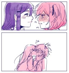Rule 34 | 2girls, 2koma, ^^^, bad id, bad twitter id, blush, closed eyes, comic, commentary request, doki doki literature club, ear blush, face-to-face, from side, hair ornament, hair ribbon, hairclip, hands on another&#039;s face, kiss, korean commentary, long hair, long sleeves, multiple girls, natsuki (doki doki literature club), parted lips, partially colored, pink hair, profile, purple hair, ribbon, s boss820, short hair, sketch, smile, surprised, sweat, upper body, white background, yuri, yuri (doki doki literature club)