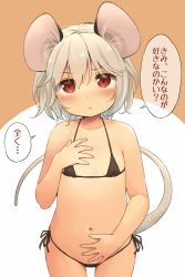 Rule 34 | 1girl, animal ears, bare shoulders, bikini, black bikini, blush, check translation, collarbone, cowboy shot, flat chest, grey hair, hair between eyes, halterneck, hand on own chest, highres, looking at viewer, micro bikini, mouse ears, mouse tail, navel, nazrin, red eyes, short hair, side-tie bikini bottom, simple background, solo, speech bubble, standing, stomach, swept bangs, swimsuit, tail, thigh gap, touhou, translation request, v-shaped eyebrows, yudepii