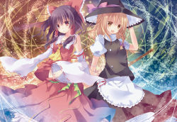 2girls apron ascot bad_id bad_pixiv_id black_hair blonde_hair bow braid broom detached_sleeves female_focus hair_bow hair_tubes hakurei_reimu hat japanese_clothes kirisame_marisa miko multiple_girls red_eyes short_hair smile sushimekabu touhou usagigoyakikaku witch witch_hat yellow_eyes