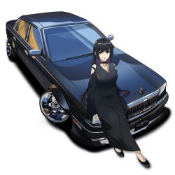 Rule 34 | 1girl, absurdres, black choker, black dress, black footwear, black hair, blunt bangs, bocchi the rock!, car, choker, clothing cutout, colored inner hair, commentary, dress, from above, goth fashion, green eyes, highres, holeecrab, long dress, long hair, motor vehicle, multicolored hair, nissan, nissan president, pa-san, purple hair, shoulder cutout, simple background, sleeves past fingers, sleeves past wrists, smile, solo, white background, wide shot
